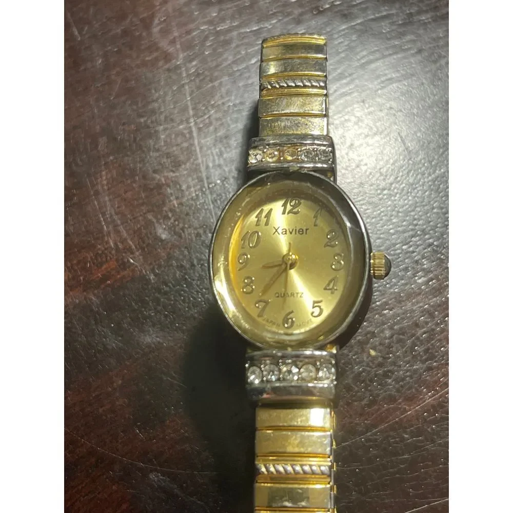 Xavier Vintage Two-Tone Crystal Accent Stretch Band Watch Gold Silver @J